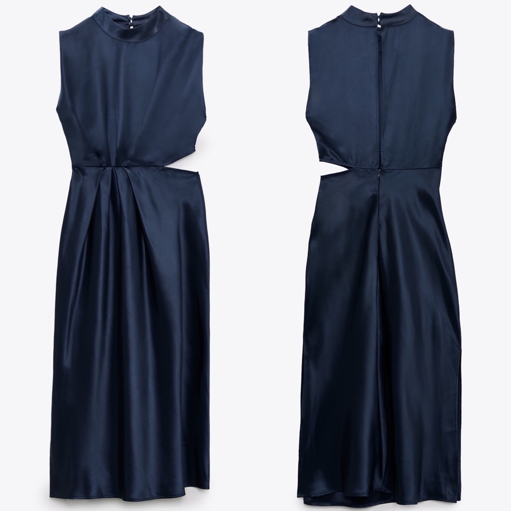 Zara Navy Cutout Satin Midi Dress